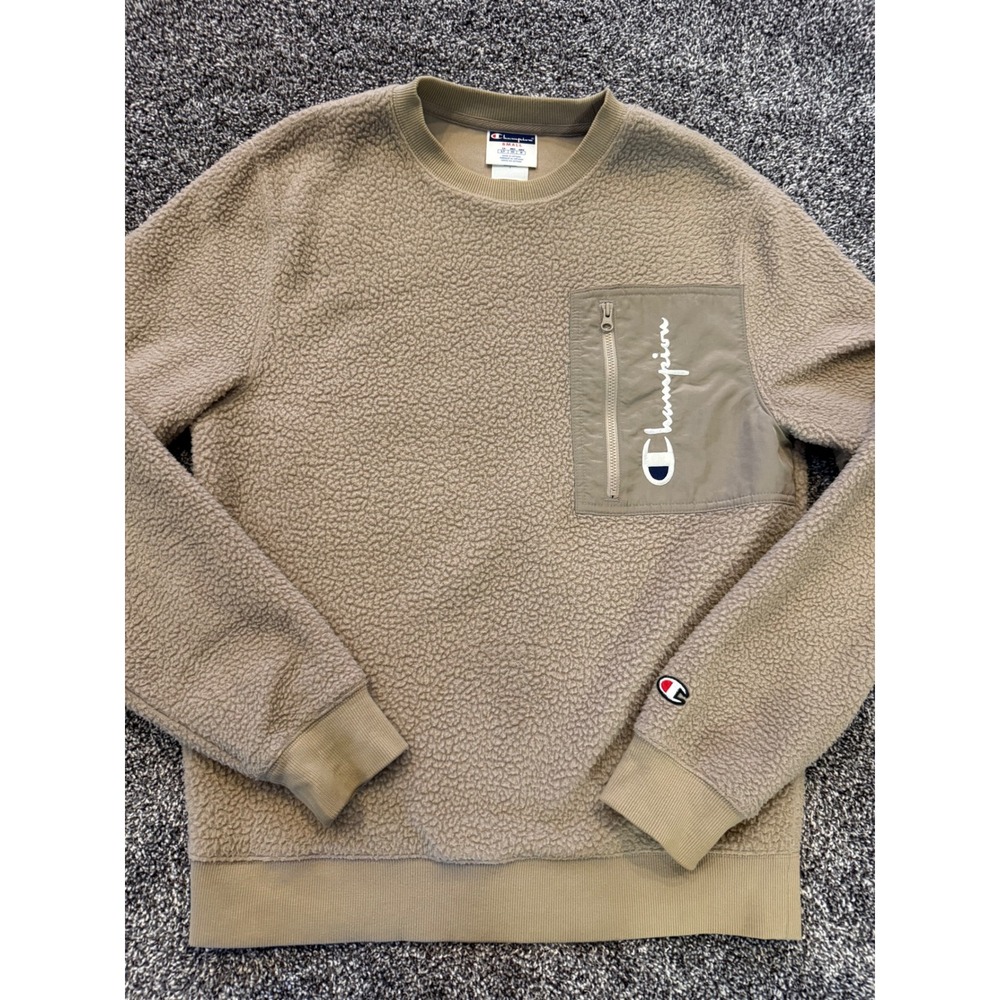 Champion Mens Sherpa Fleece Crewneck Sweatshirt Tan Khaki S7468 Small